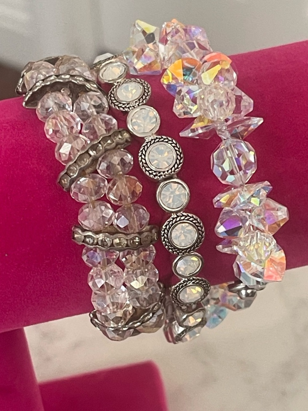 Crystal Beaded Stretch Bracelet Set - Iridescent Clear